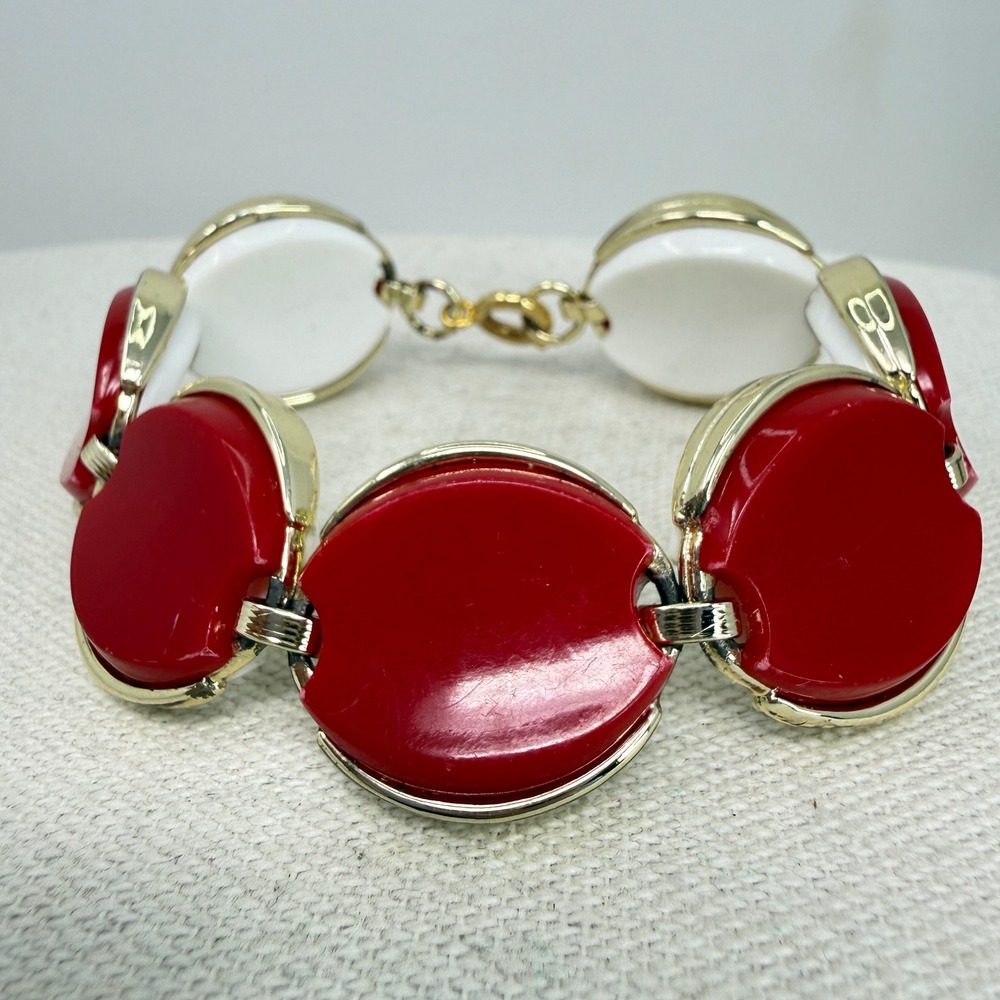 Vintage Thermoset Oval Link Bracelet Red‎ White Reversible Chunky Marked Germany